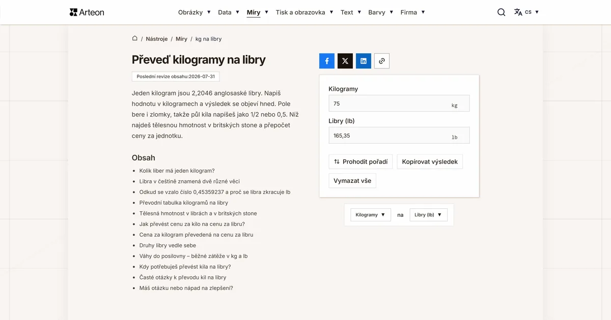 Snímek obrazovky bezplatného nástroje Arteon: Převeď kilogramy na libry