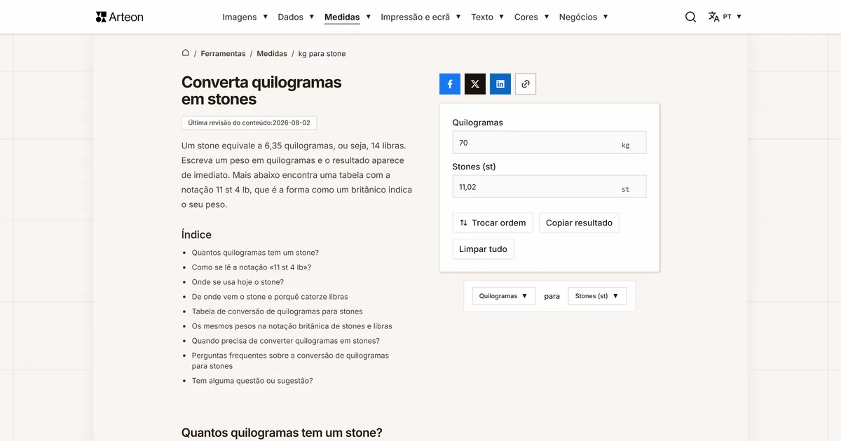 Captura de ecrã da ferramenta gratuita da Arteon: Converta quilogramas em stones