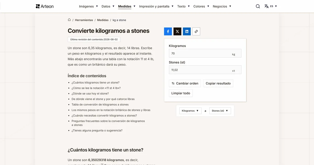 Captura de pantalla de la herramienta gratuita de Arteon: Convierte kilogramos a stones