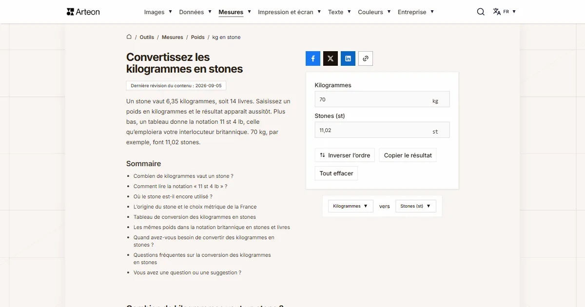 Capture d'écran de l'outil gratuit d'Arteon: Convertissez les kilogrammes en stones