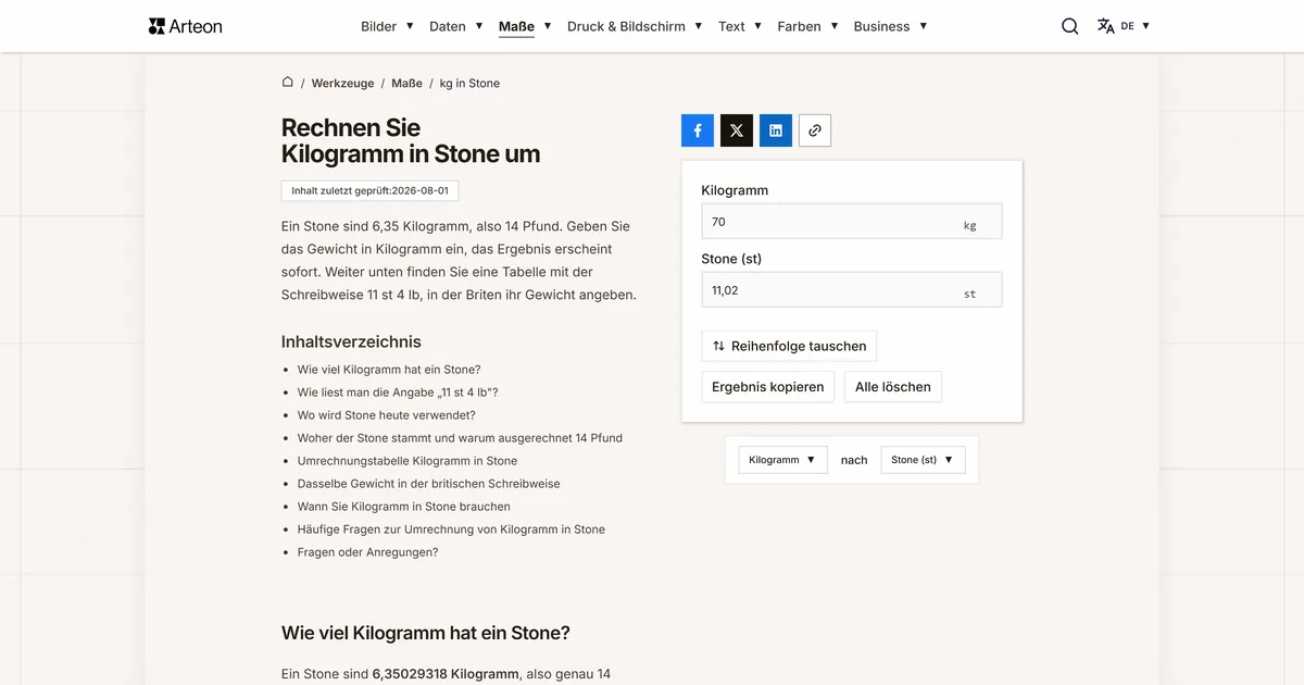 Screenshot des kostenlosen Arteon-Werkzeugs: Rechnen Sie Kilogramm in Stone um