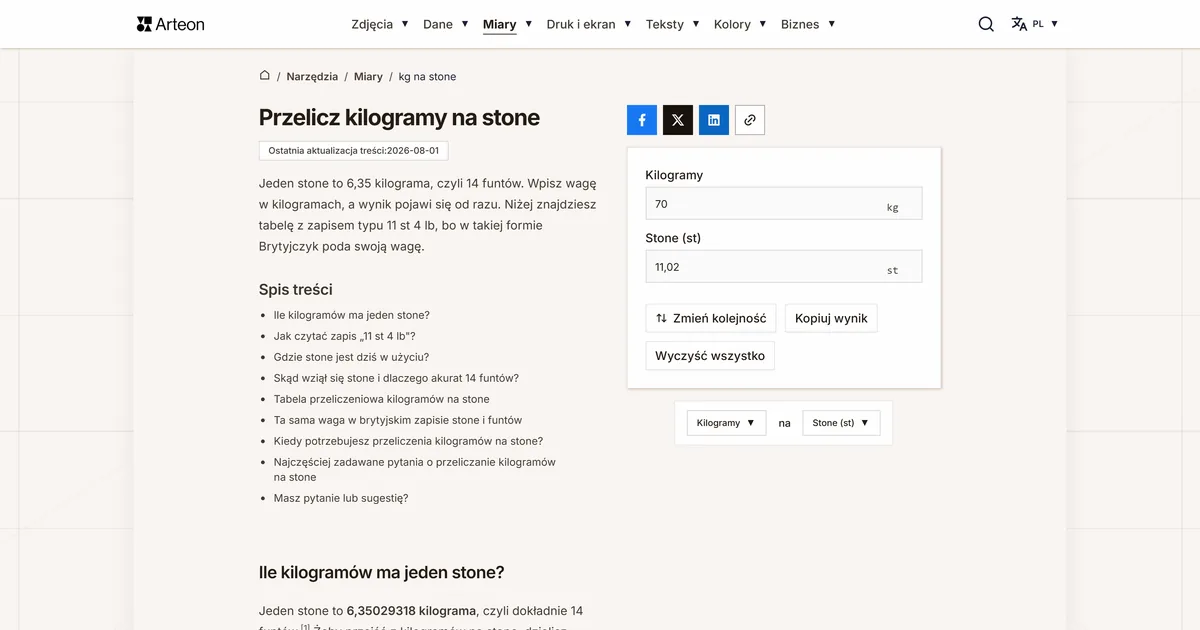 Zrzut ekranu darmowego narzędzia Arteon: Przelicz kilogramy na stone