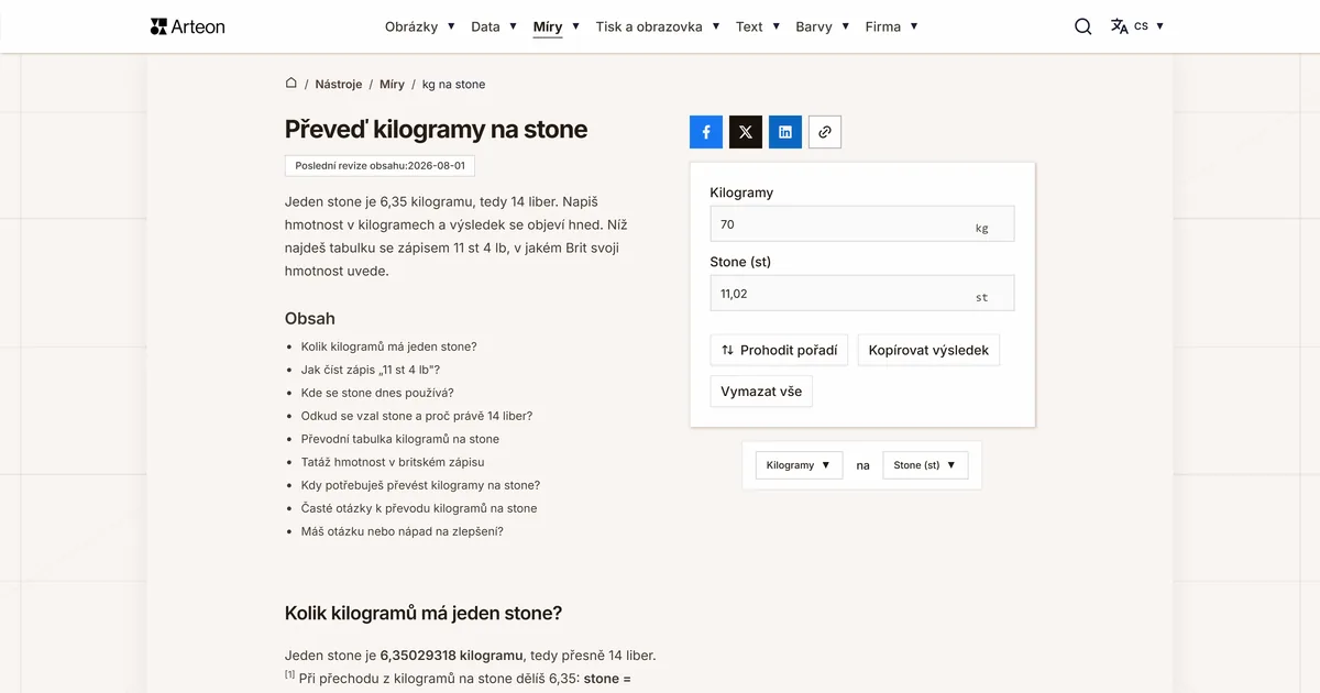 Snímek obrazovky bezplatného nástroje Arteon: Převeď kilogramy na stone