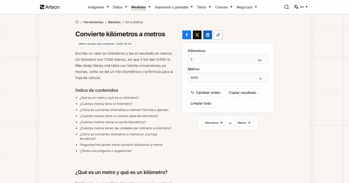 Captura de pantalla de la herramienta gratuita de Arteon: Convierte kilómetros a metros