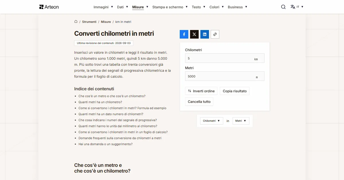 Screenshot dello strumento gratuito Arteon: Converti chilometri in metri