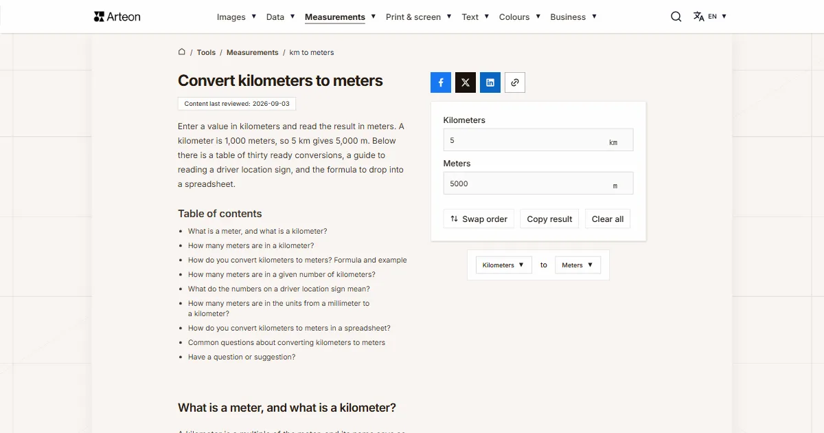 Arteon free tool screenshot: Convert kilometers to meters