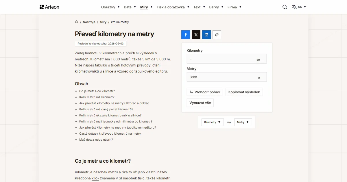 Snímek obrazovky bezplatného nástroje Arteon: Převeď kilometry na metry
