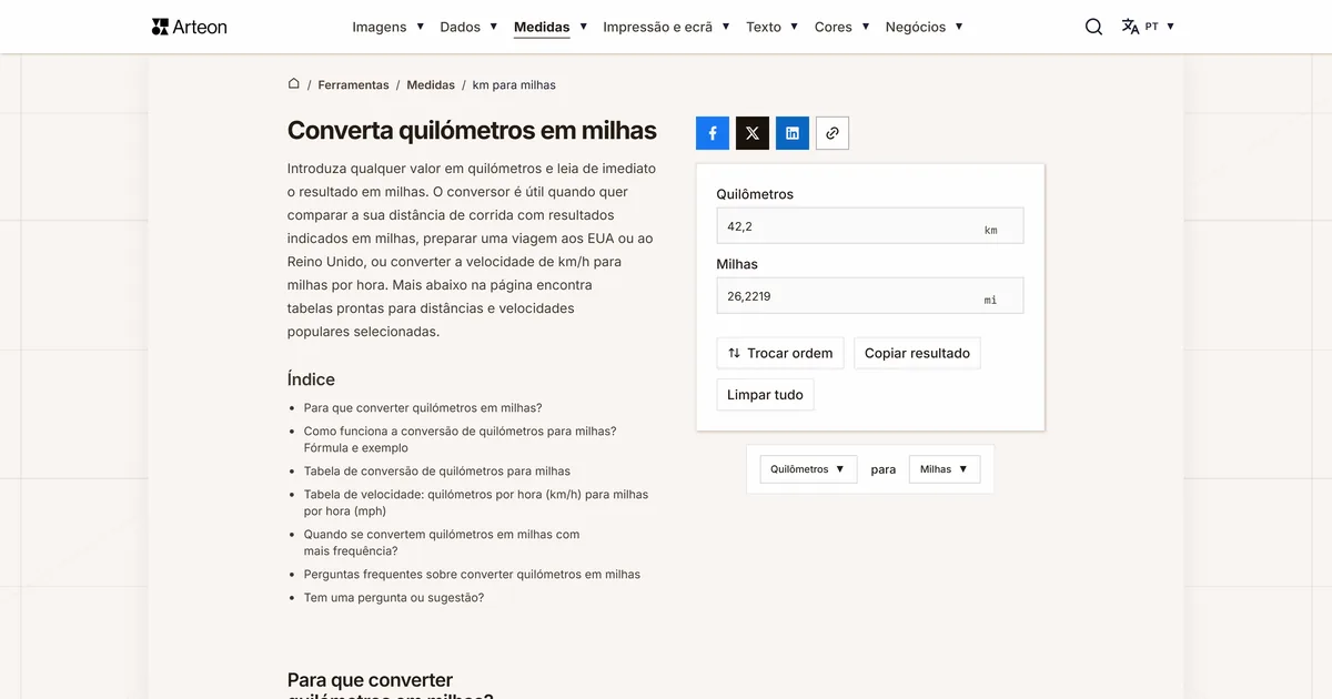 Captura de ecrã da ferramenta gratuita da Arteon: Converta quilómetros em milhas