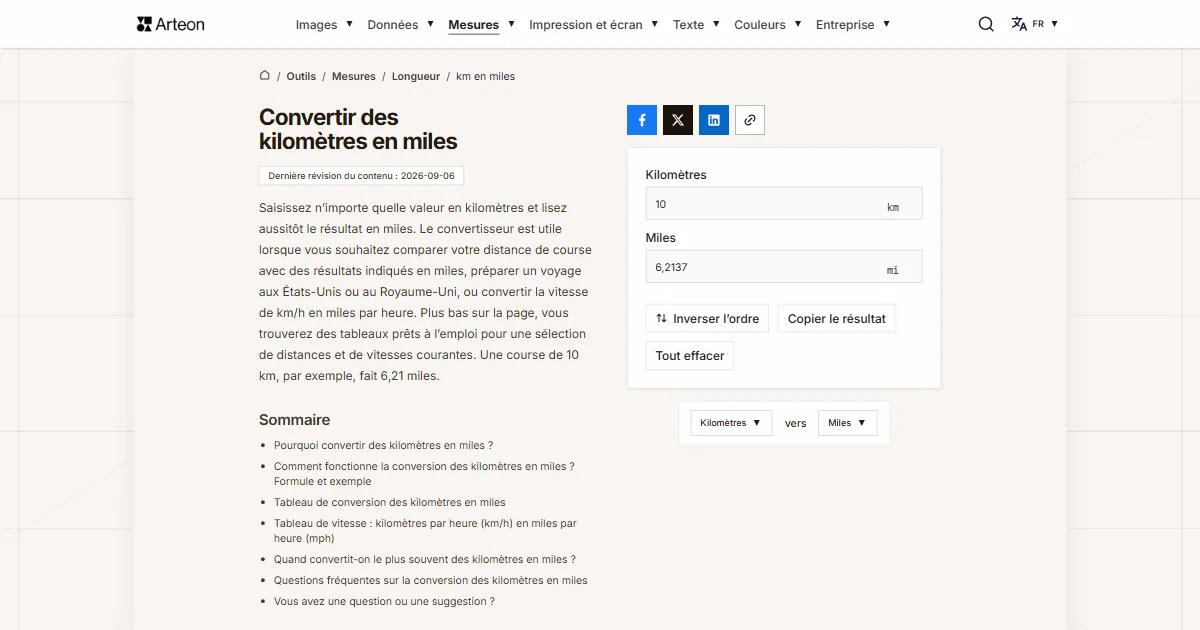 Capture d'écran de l'outil gratuit d'Arteon: Convertir des kilomètres en miles