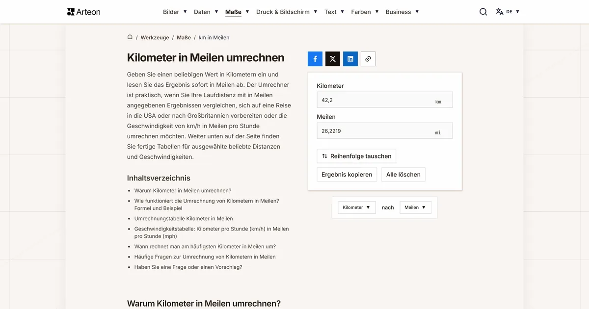 Screenshot des kostenlosen Arteon-Werkzeugs: Kilometer in Meilen umrechnen