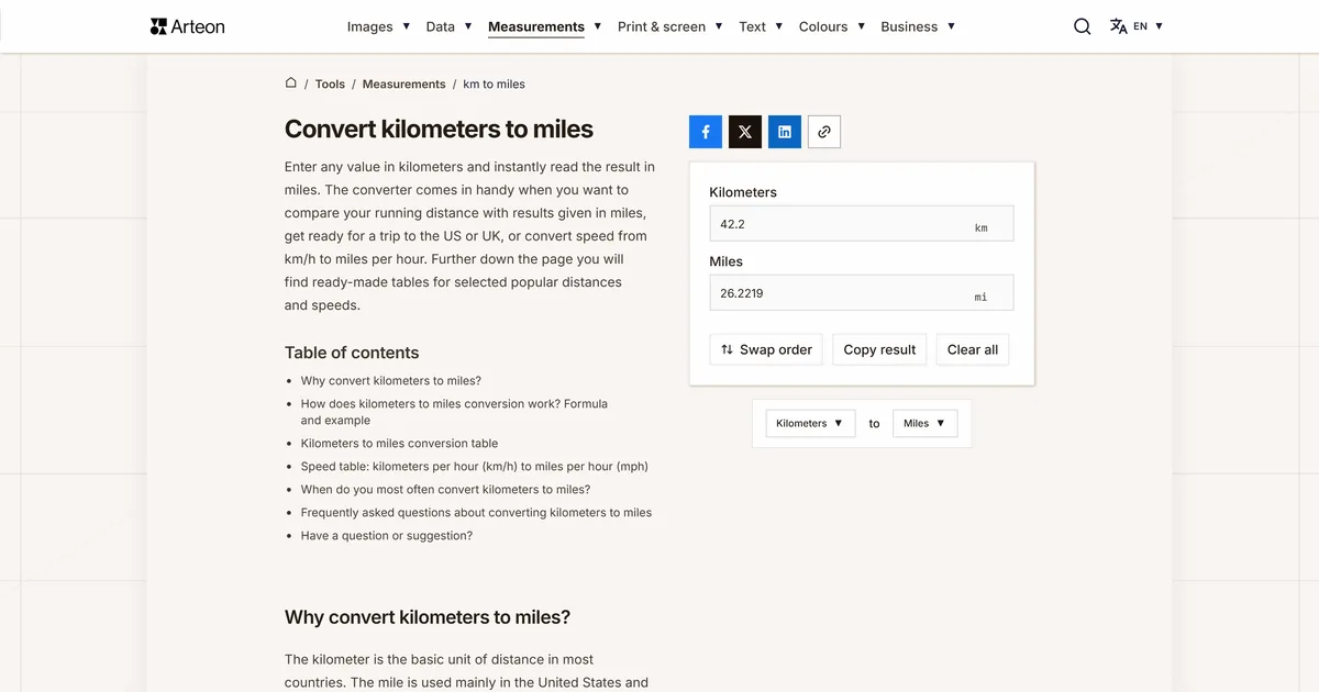 Arteon free tool screenshot: Convert kilometers to miles