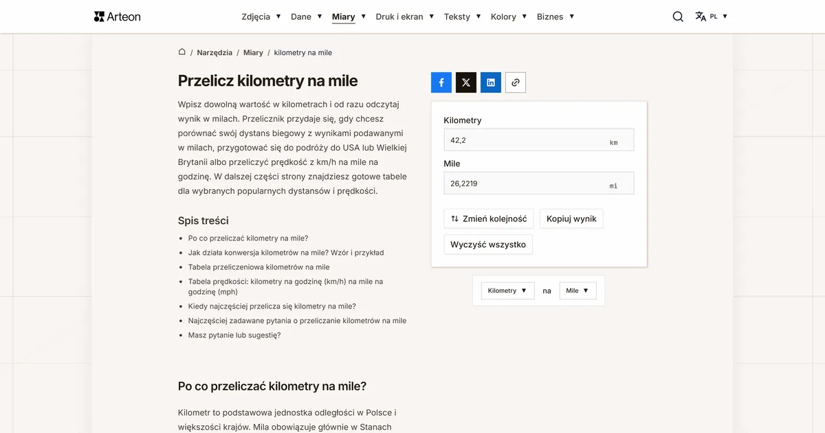 Zrzut ekranu darmowego narzędzia Arteon: Przelicz kilometry na mile