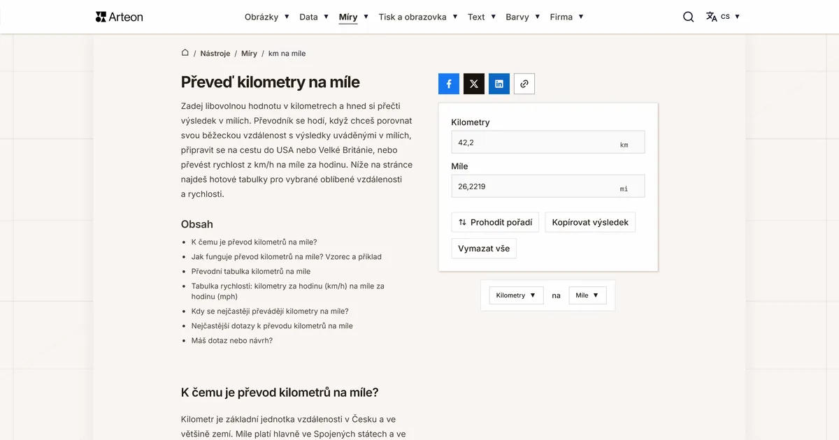 Snímek obrazovky bezplatného nástroje Arteon: Převeď kilometry na míle