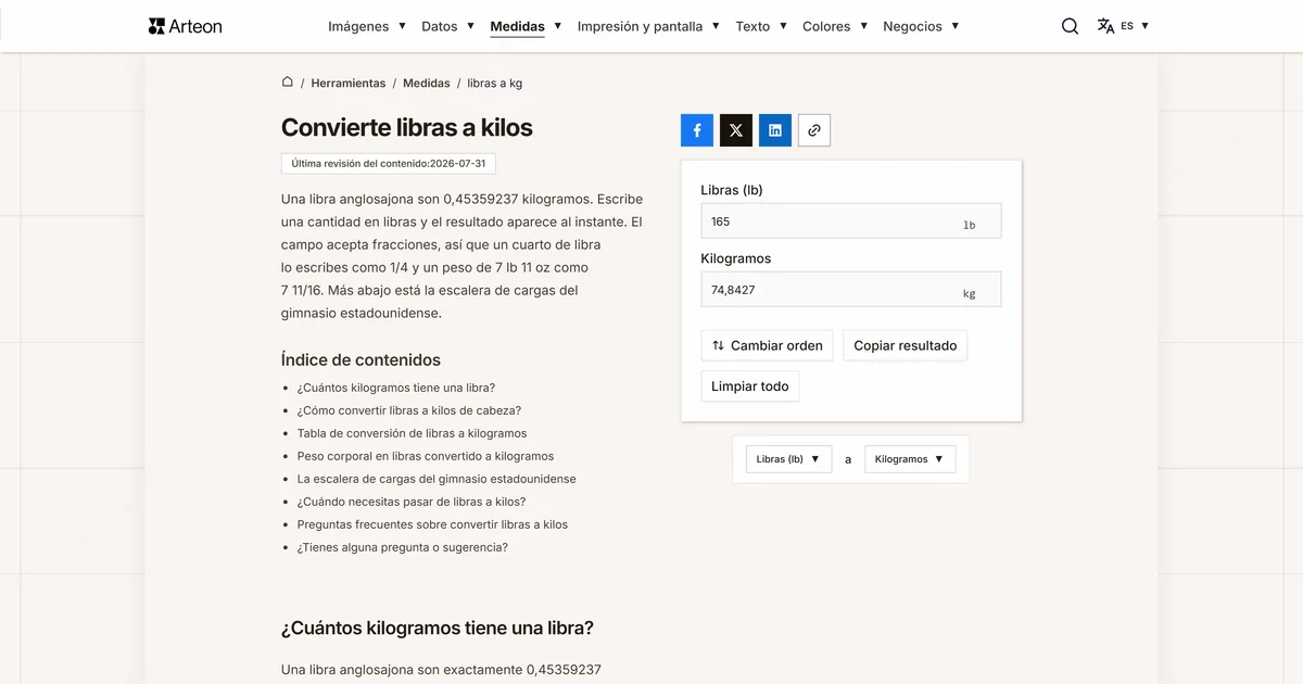 Captura de pantalla de la herramienta gratuita de Arteon: Convierte libras a kilos
