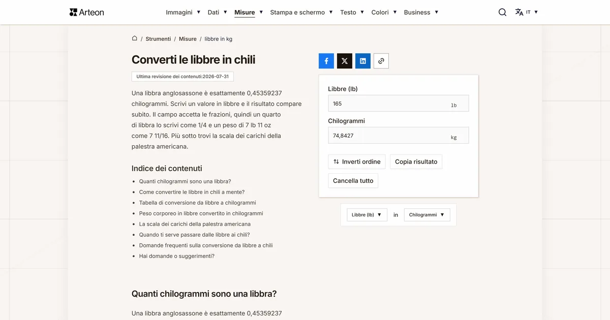 Screenshot dello strumento gratuito Arteon: Converti le libbre in chili