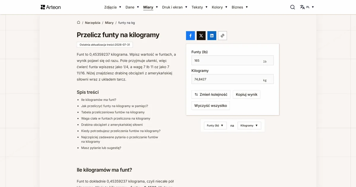 Zrzut ekranu darmowego narzędzia Arteon: Przelicz funty na kilogramy