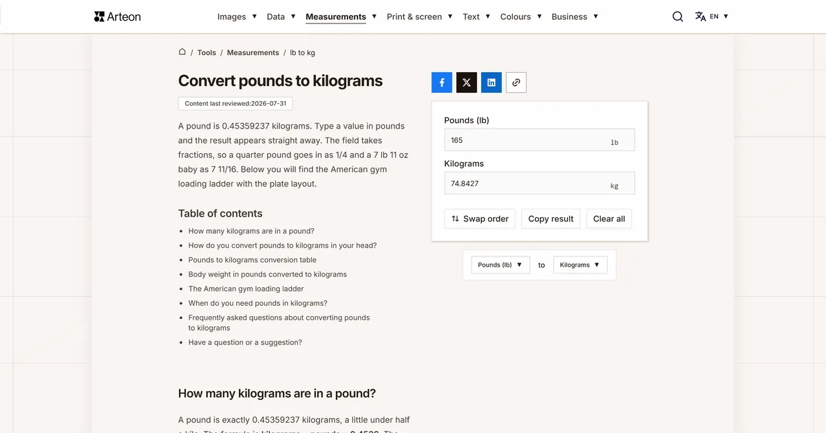 Arteon free tool screenshot: Convert pounds to kilograms