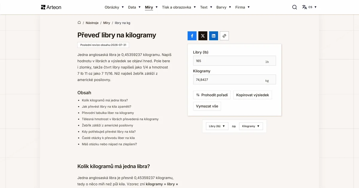Snímek obrazovky bezplatného nástroje Arteon: Převeď libry na kilogramy