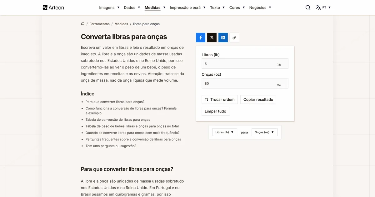 Captura de ecrã da ferramenta gratuita da Arteon: Converta libras para onças