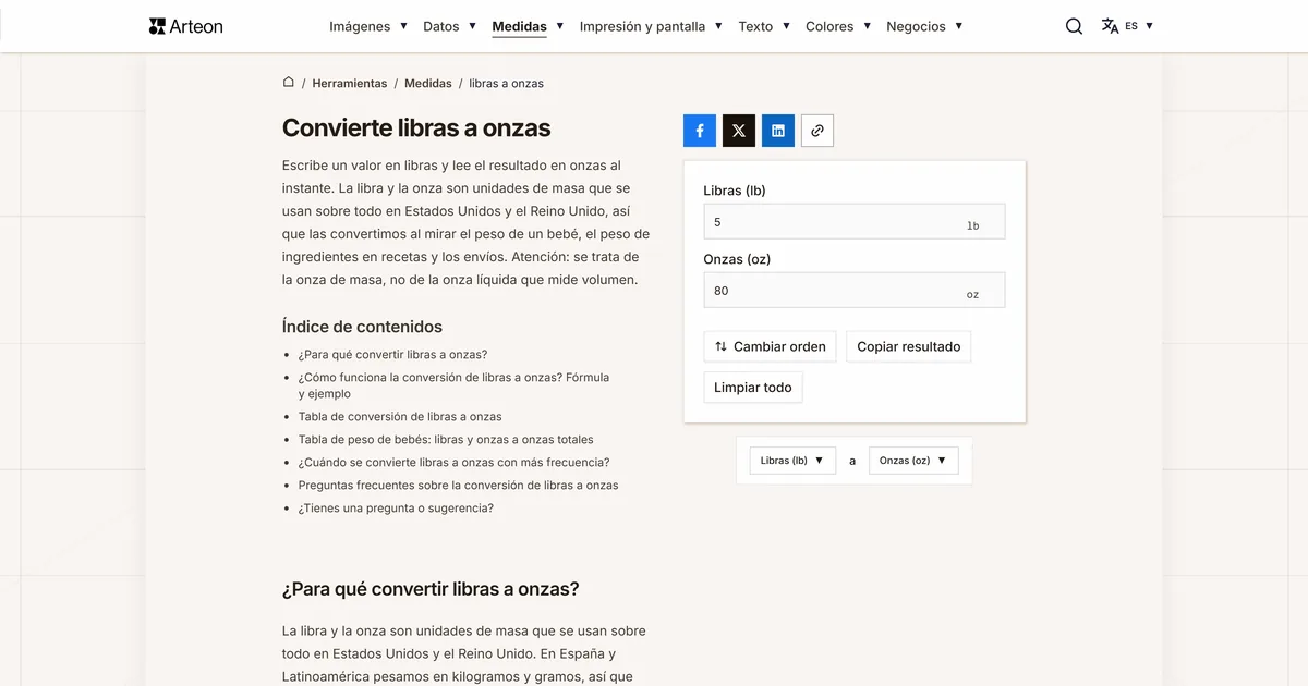 Captura de pantalla de la herramienta gratuita de Arteon: Convierte libras a onzas
