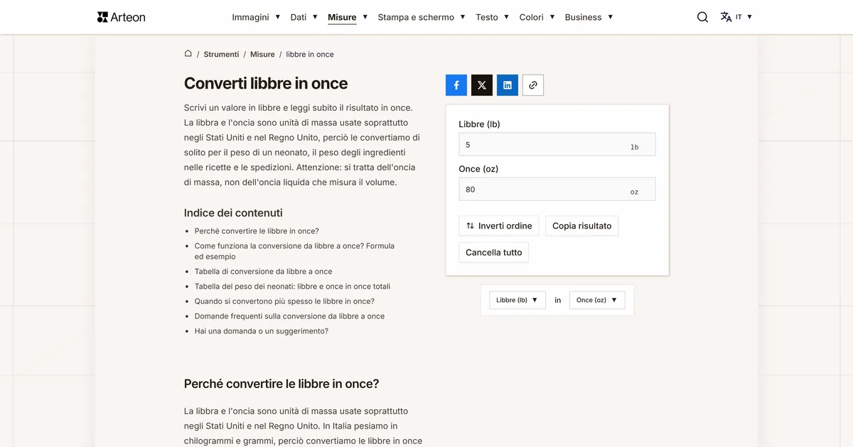 Screenshot dello strumento gratuito Arteon: Converti libbre in once