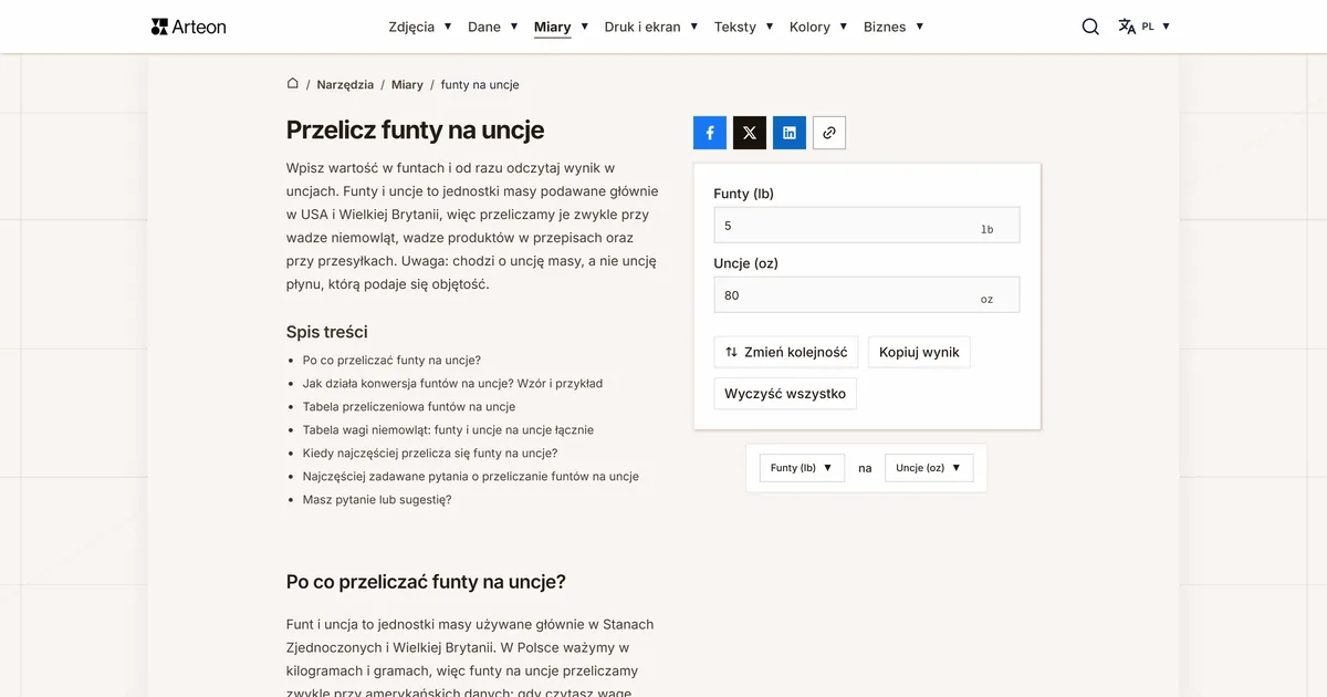 Zrzut ekranu darmowego narzędzia Arteon: Przelicz funty na uncje