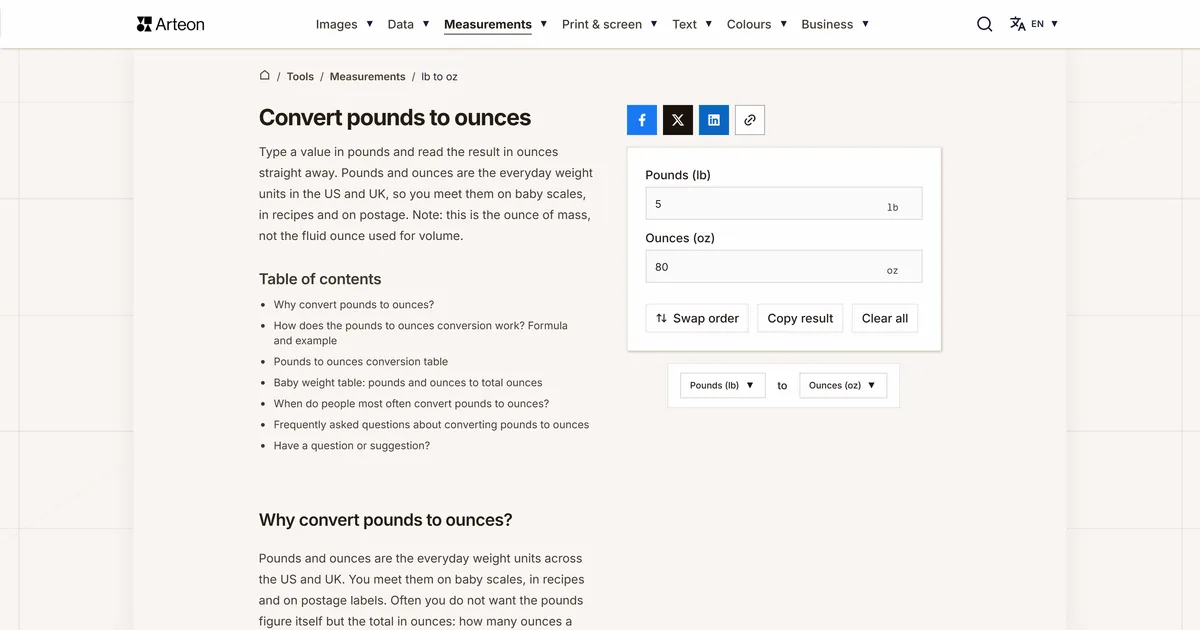Arteon free tool screenshot: Convert pounds to ounces