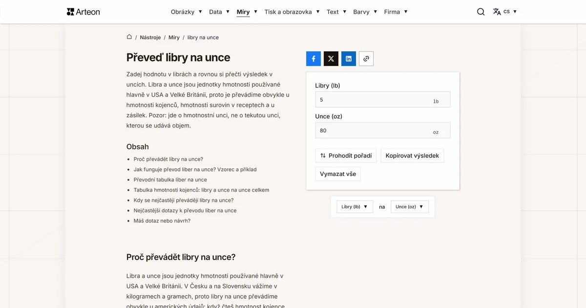 Snímek obrazovky bezplatného nástroje Arteon: Převeď libry na unce