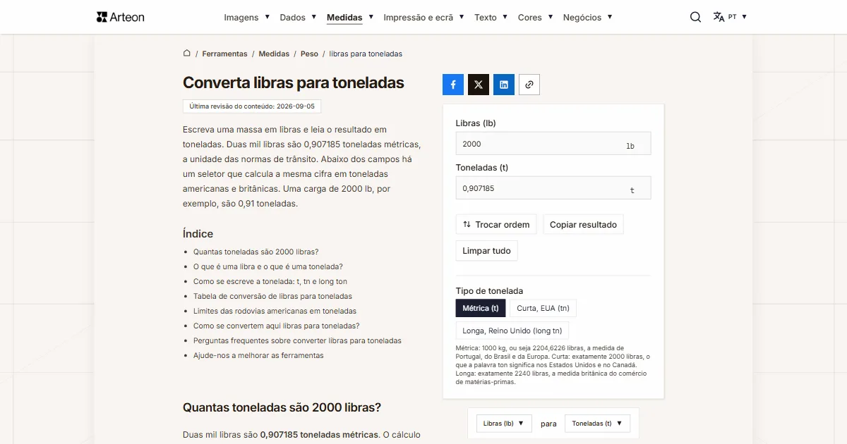 Captura de ecrã da ferramenta gratuita da Arteon: Converta libras para toneladas