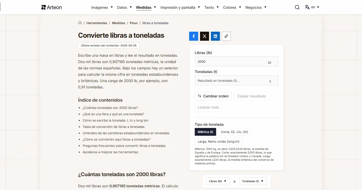 Captura de pantalla de la herramienta gratuita de Arteon: Convierte libras a toneladas