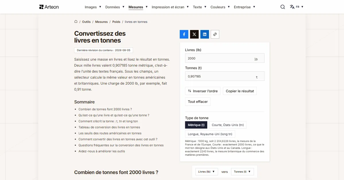 Capture d'écran de l'outil gratuit d'Arteon: Convertissez des livres en tonnes