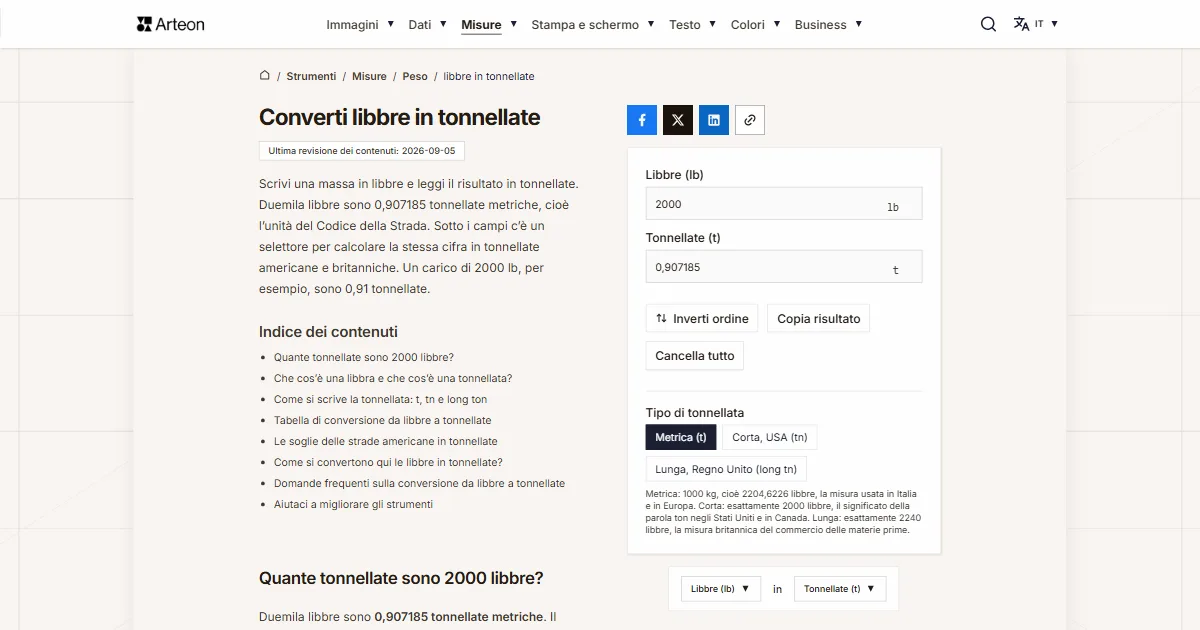 Screenshot dello strumento gratuito Arteon: Converti libbre in tonnellate