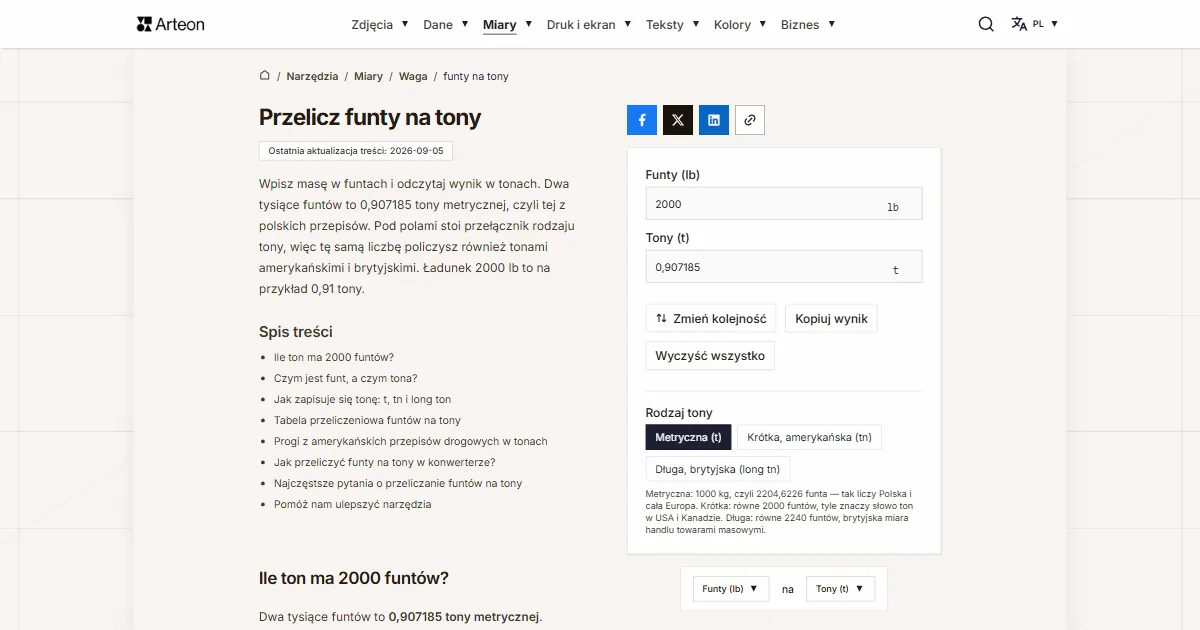 Zrzut ekranu darmowego narzędzia Arteon: Przelicz funty na tony