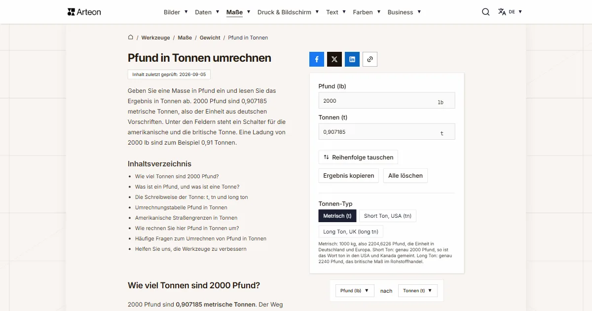 Screenshot des kostenlosen Arteon-Werkzeugs: Pfund in Tonnen umrechnen