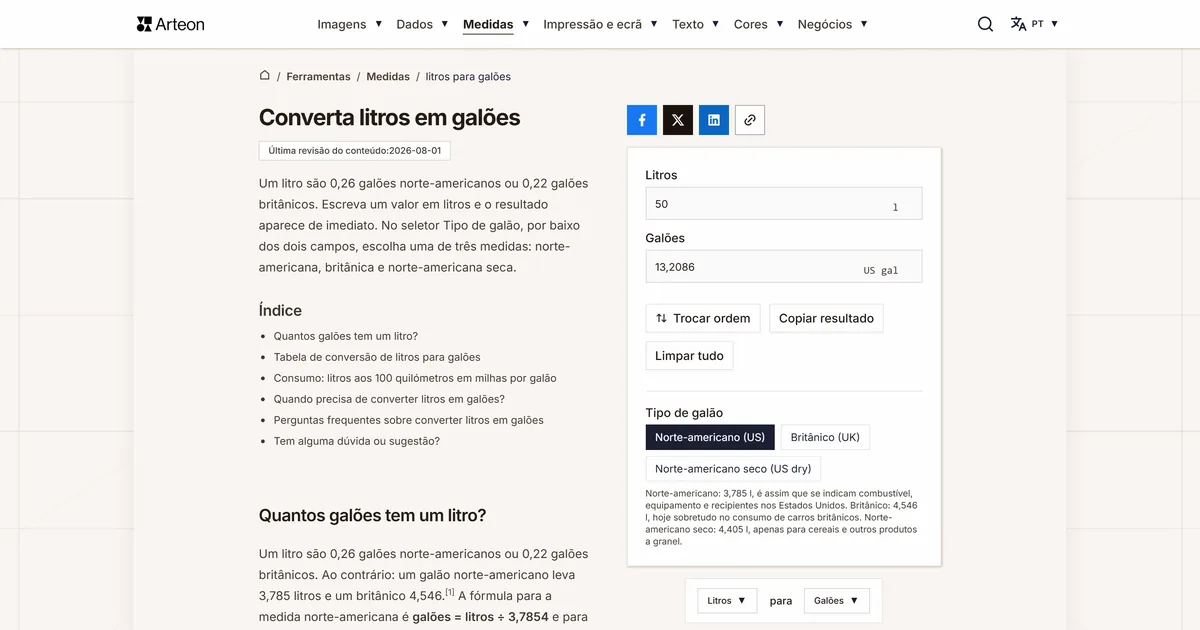 Captura de ecrã da ferramenta gratuita da Arteon: Converta litros em galões