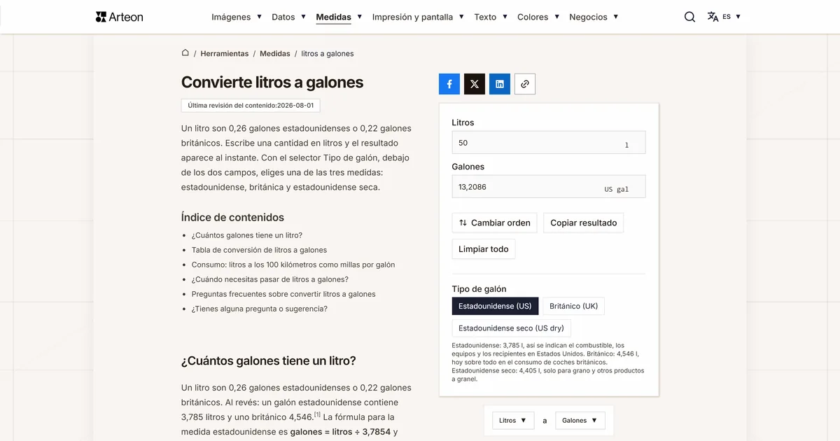 Captura de pantalla de la herramienta gratuita de Arteon: Convierte litros a galones