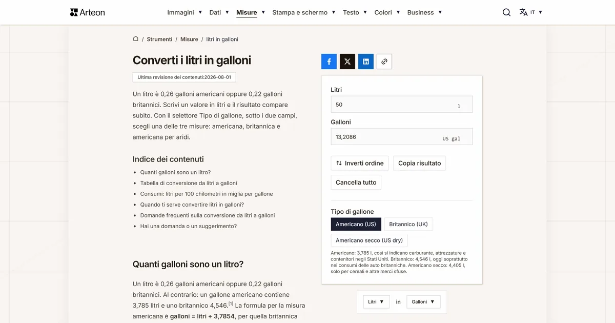 Screenshot dello strumento gratuito Arteon: Converti i litri in galloni