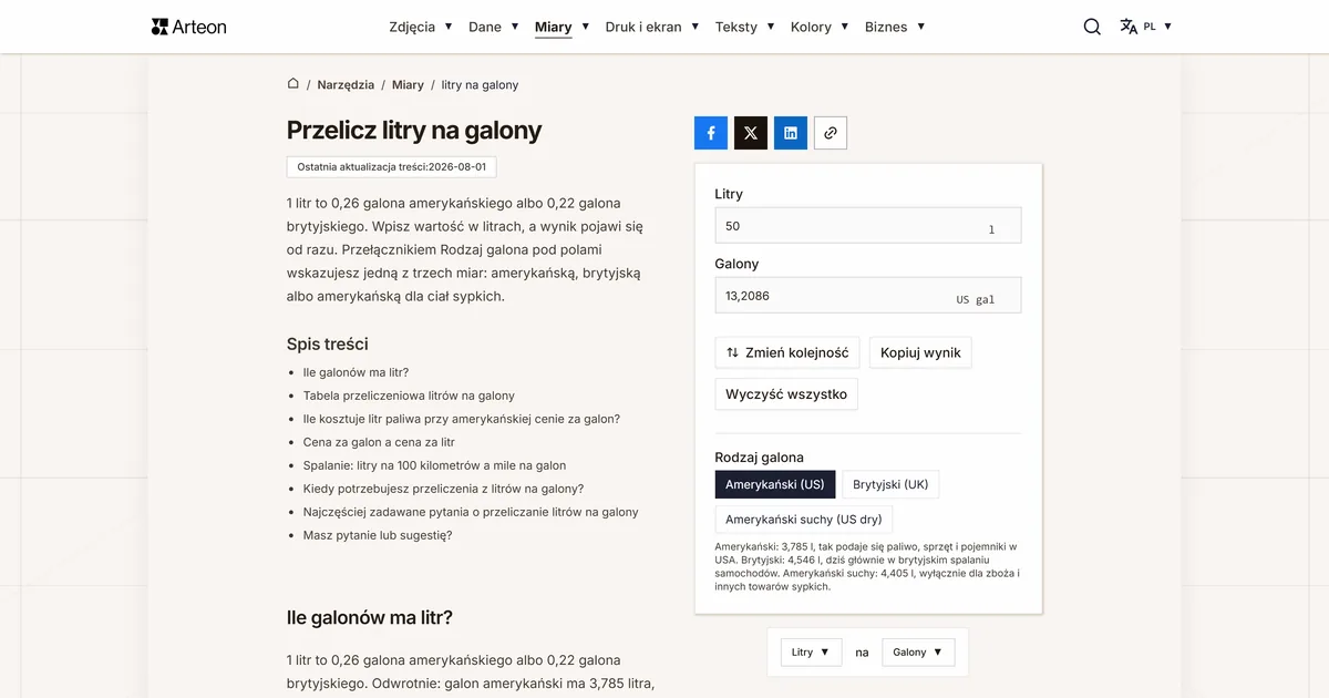 Zrzut ekranu darmowego narzędzia Arteon: Przelicz litry na galony