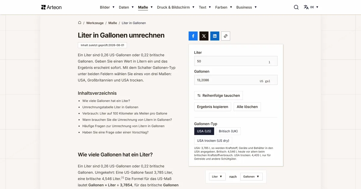 Screenshot des kostenlosen Arteon-Werkzeugs: Liter in Gallonen umrechnen