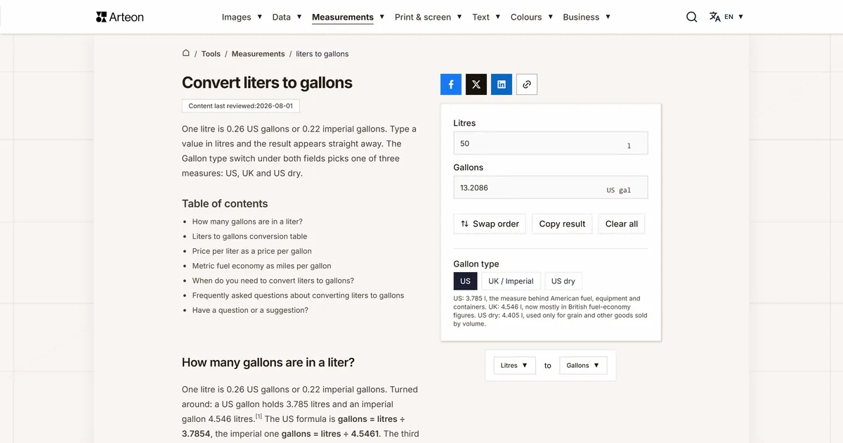Arteon free tool screenshot: Convert liters to gallons