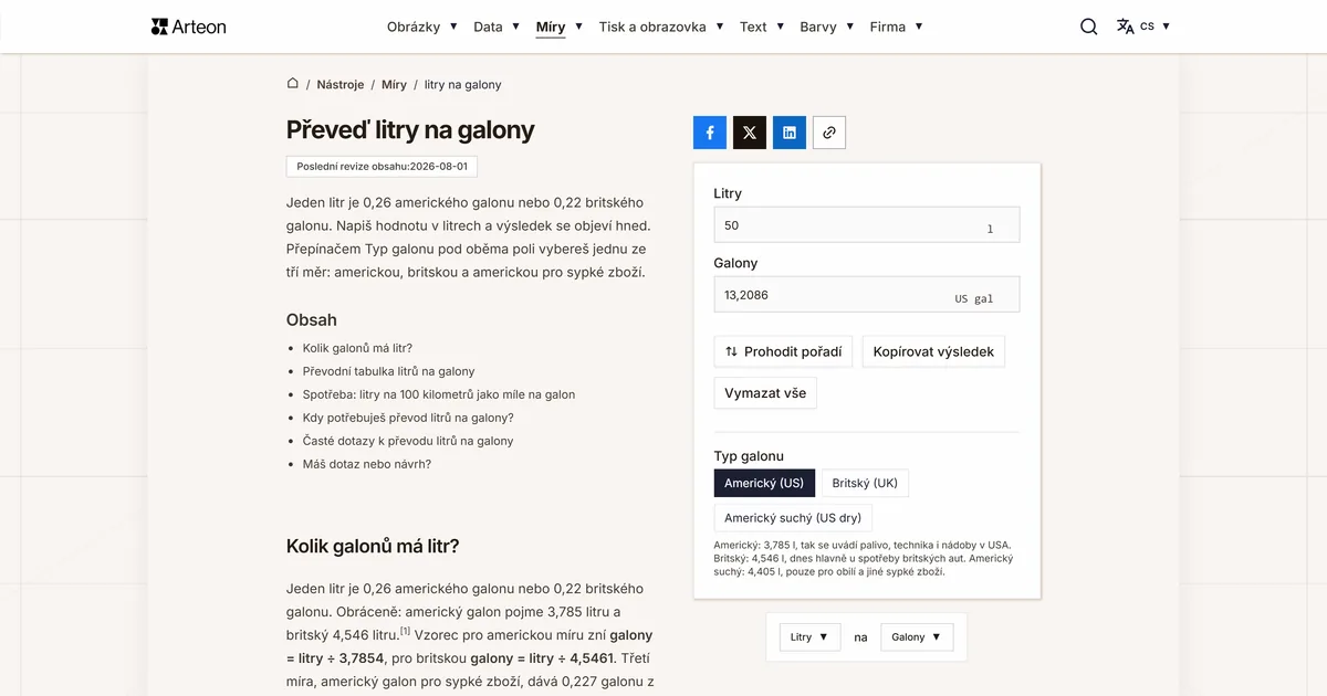 Snímek obrazovky bezplatného nástroje Arteon: Převeď litry na galony