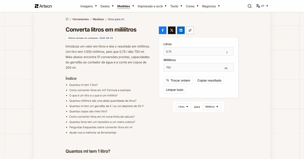 Captura de ecrã da ferramenta gratuita da Arteon: Converta litros em mililitros