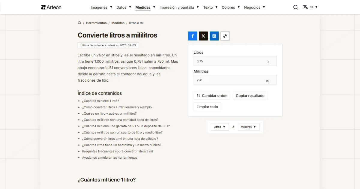 Captura de pantalla de la herramienta gratuita de Arteon: Convierte litros a mililitros