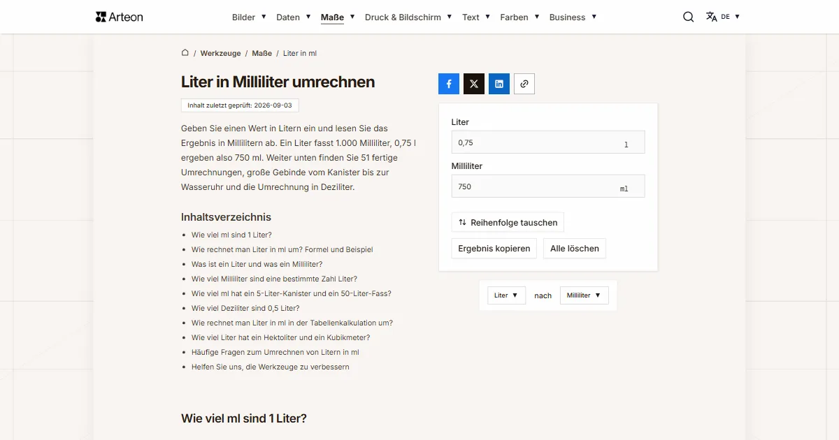 Screenshot des kostenlosen Arteon-Werkzeugs: Liter in Milliliter umrechnen