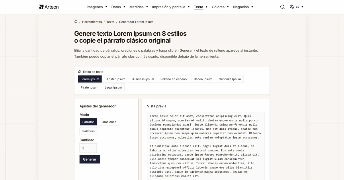 Captura de pantalla de la herramienta gratuita de Arteon: Generador Lorem Ipsum
