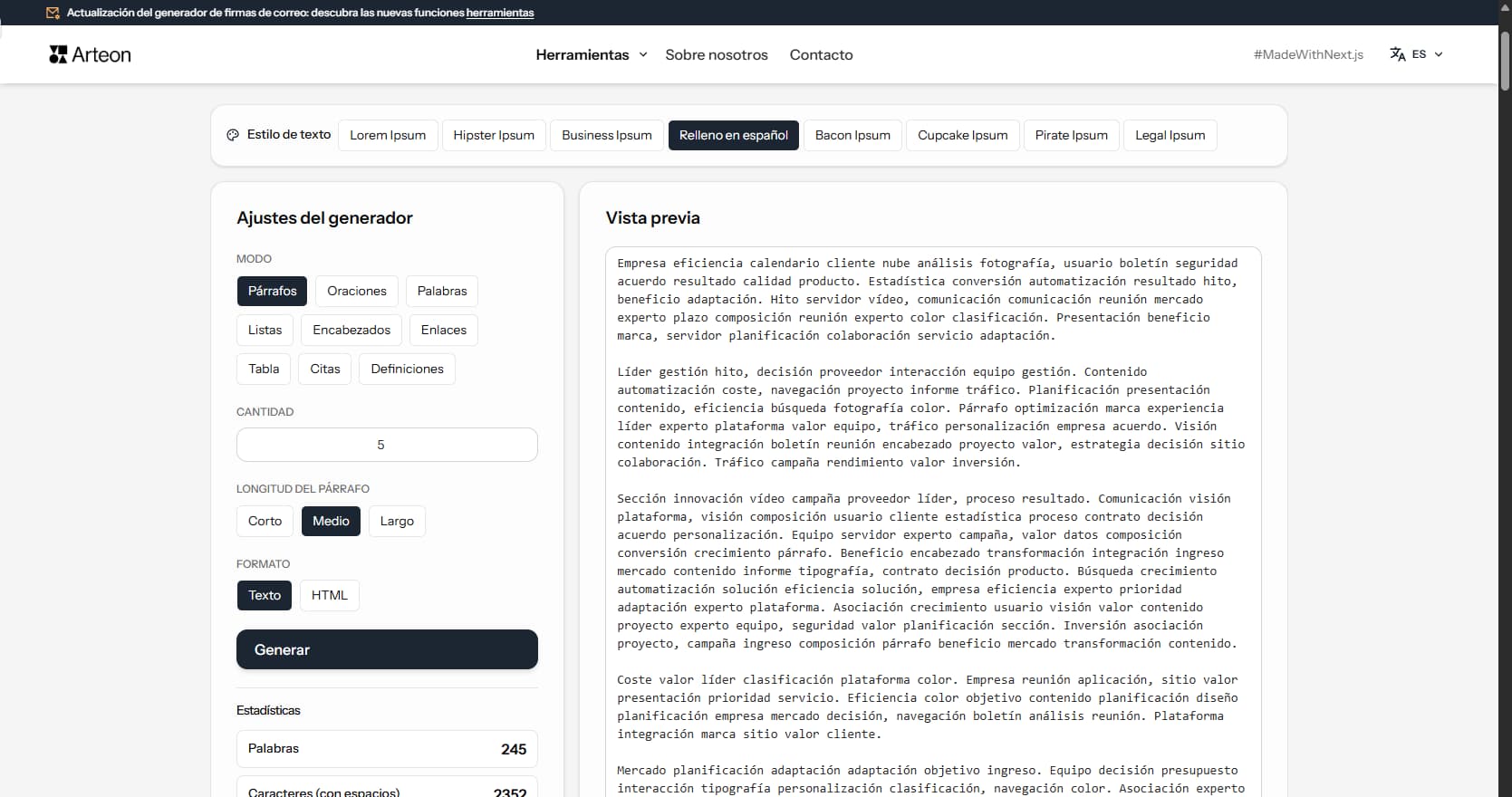 Generador Lorem Ipsum Arteon