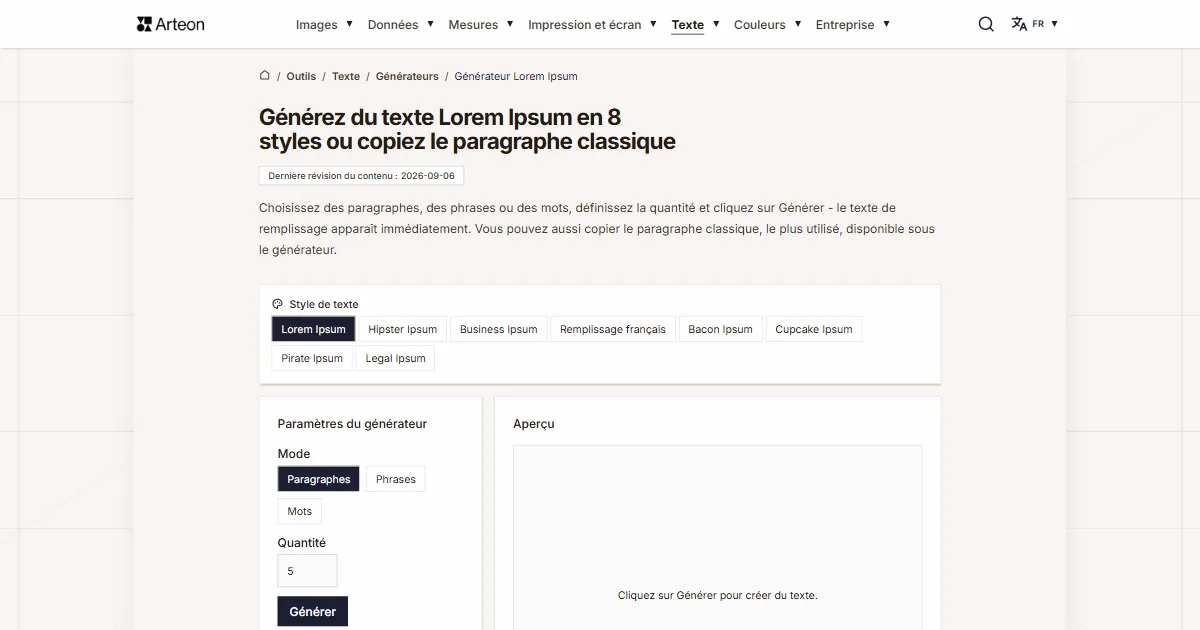 Capture d'écran de l'outil gratuit d'Arteon: Générez du texte Lorem Ipsum en 8 styles ou copiez le paragraphe classique