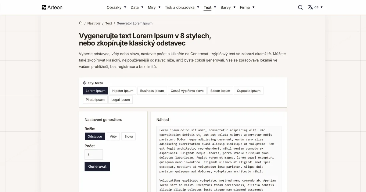 Snímek obrazovky bezplatného nástroje Arteon: Vygenerujte text Lorem Ipsum v 8 stylech, nebo zkopírujte klasický odstavec