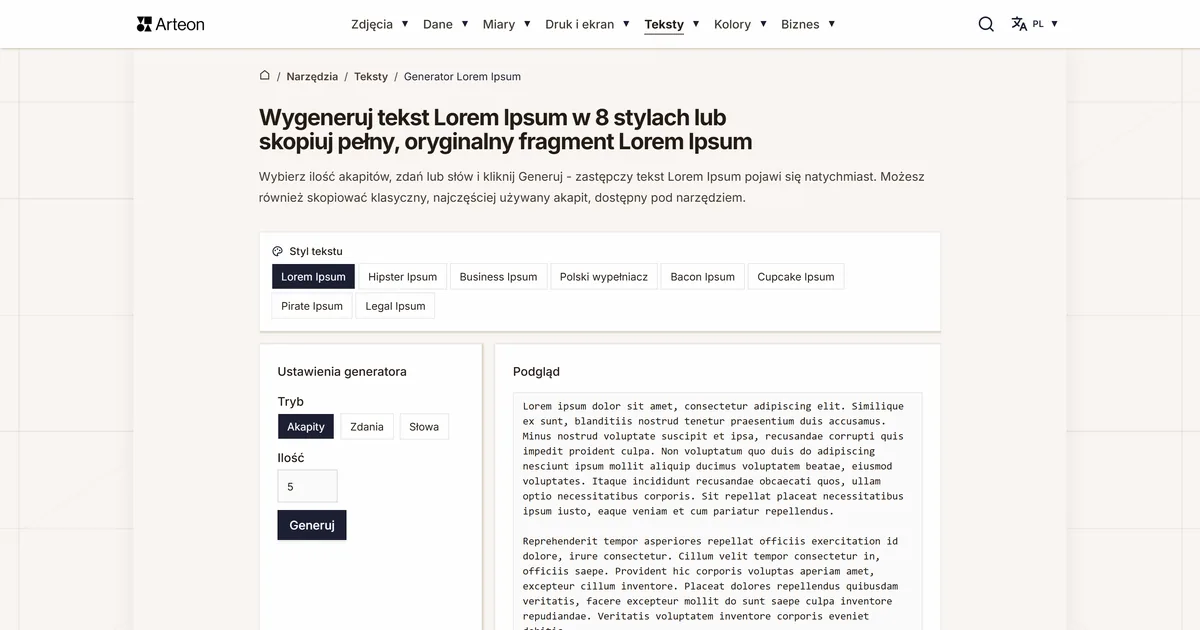 Zrzut ekranu darmowego narzędzia Arteon: Wygeneruj tekst Lorem Ipsum w 8 stylach lub skopiuj pełny, oryginalny fragment Lorem Ipsum