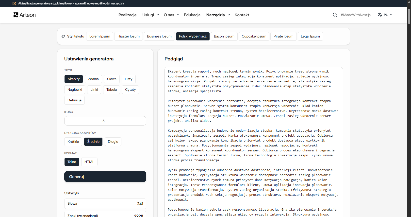 Generator Lorem Ipsum - tekst przykładowy - Arteon